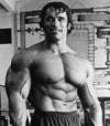 The photo image of Arnold Schwarzenegger, starring in the movie "Pumping Iron"